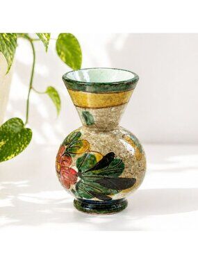 Vintage Hand Painted Studio Pottery Vase Floral Motif Green Glaze 4”